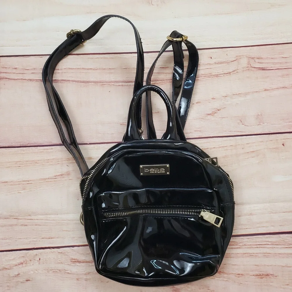 Bebe Mini Backpack Black Patent‎ Gold Hardware Convertible Crossbody Broken Zip*